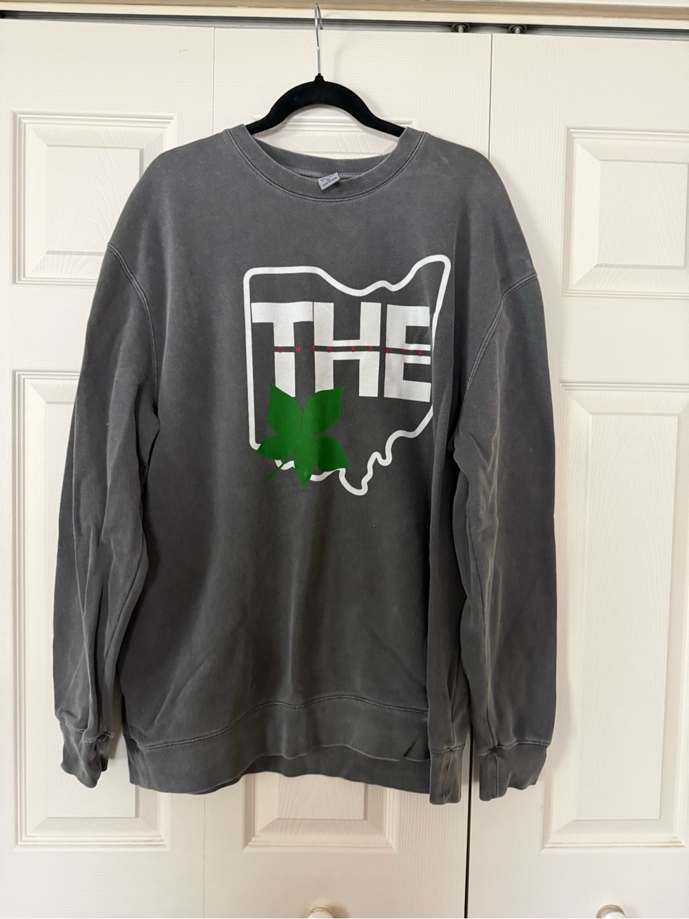 Gray Graphic Crewneck Ohio State Sweatshirt with Green Leaf